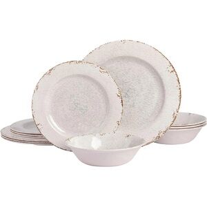Mauna Melamine Plastic Dinnerware Set, Service for 4 (12Pcs), Ice Rustic